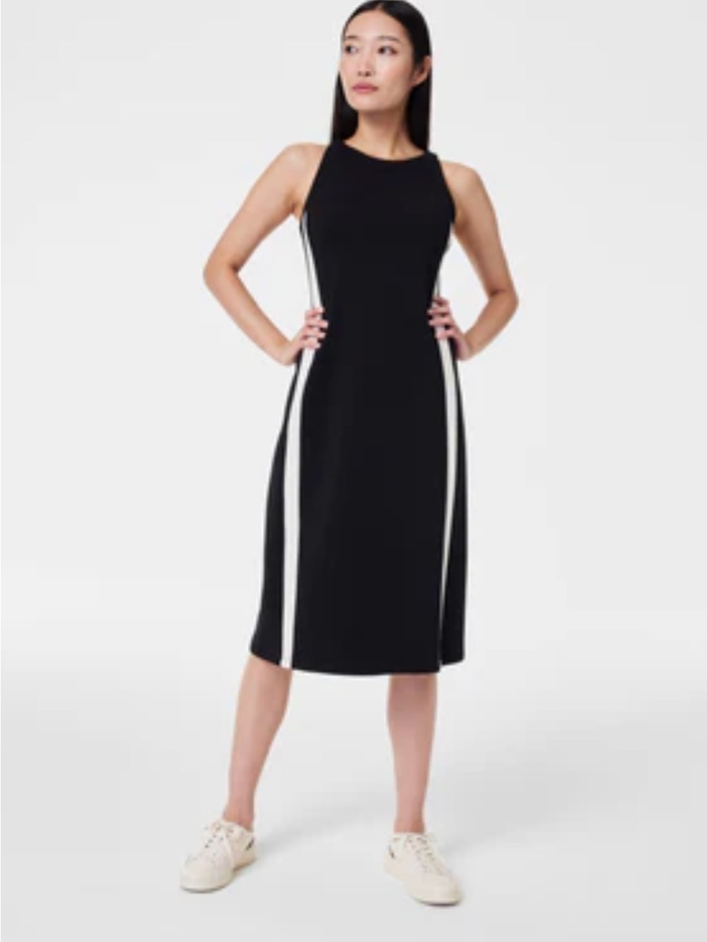 Spanx Air Essentials Black Sleeveless Midi Dress with White Side Stripes size XL